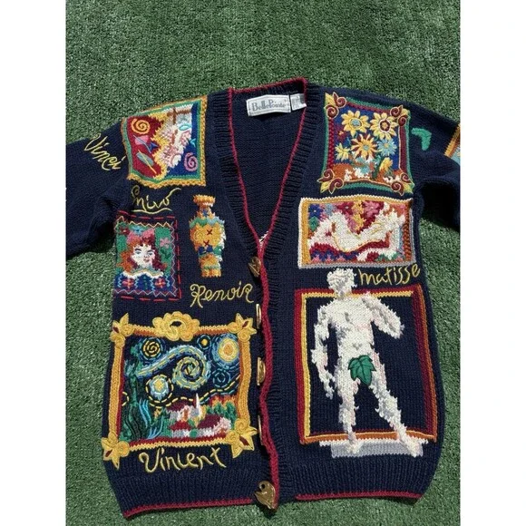 VERY RARE BellePointe Art Cardigan Knit Sweater Van Gogh Matisse Renoir Small - Picture 2 of 14